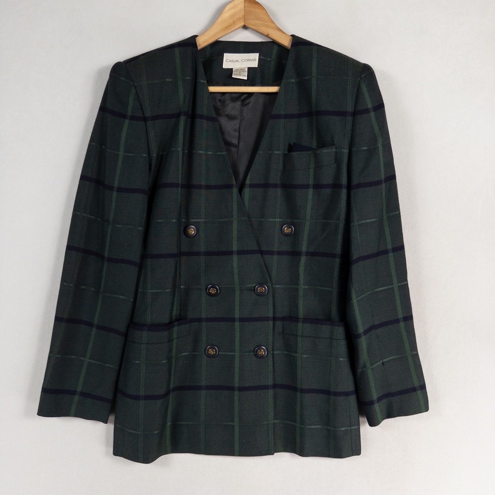 Casual Corner Blazer Jacket 6 Green Navy Blue Plaid Double Breasted Structured
